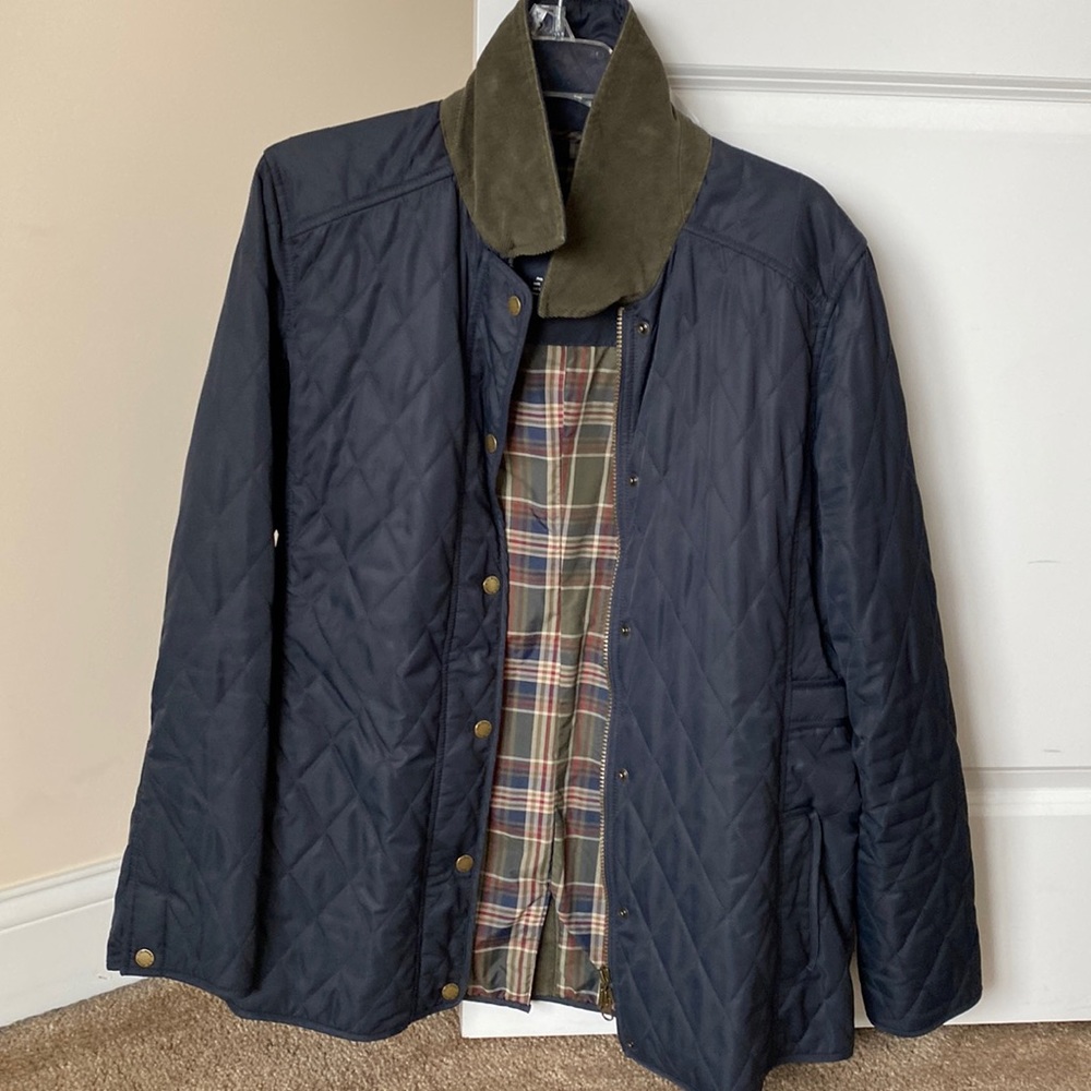 LL Bean Womens navy blue quilted riding jacket, size L